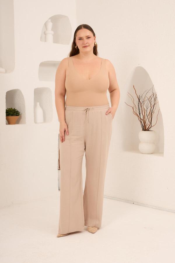 Beli Lastikli Bol Paça Büyük Beden Kadın Keten Pantolon Vizon - 4