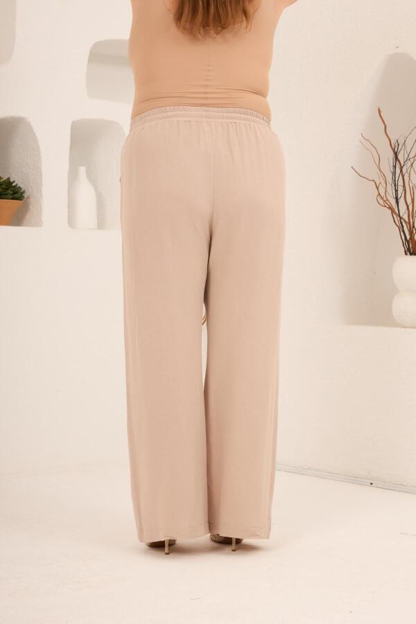 Beli Lastikli Bol Paça Büyük Beden Kadın Keten Pantolon Vizon - 5