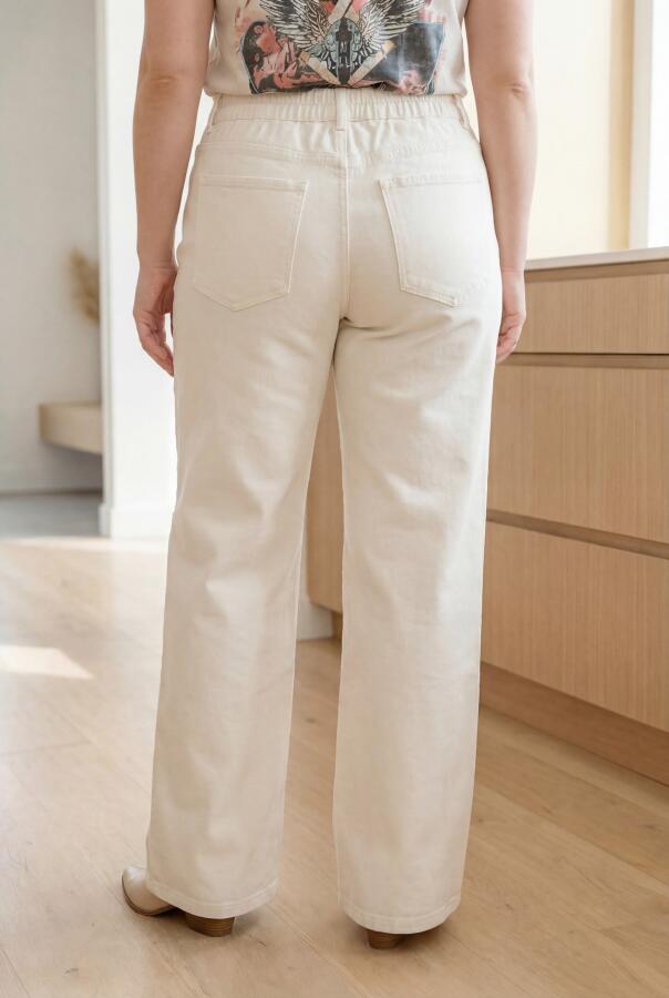 Beli Lastikli Bol Paça Büyük Beden Kot Pantolon Beyaz - 4