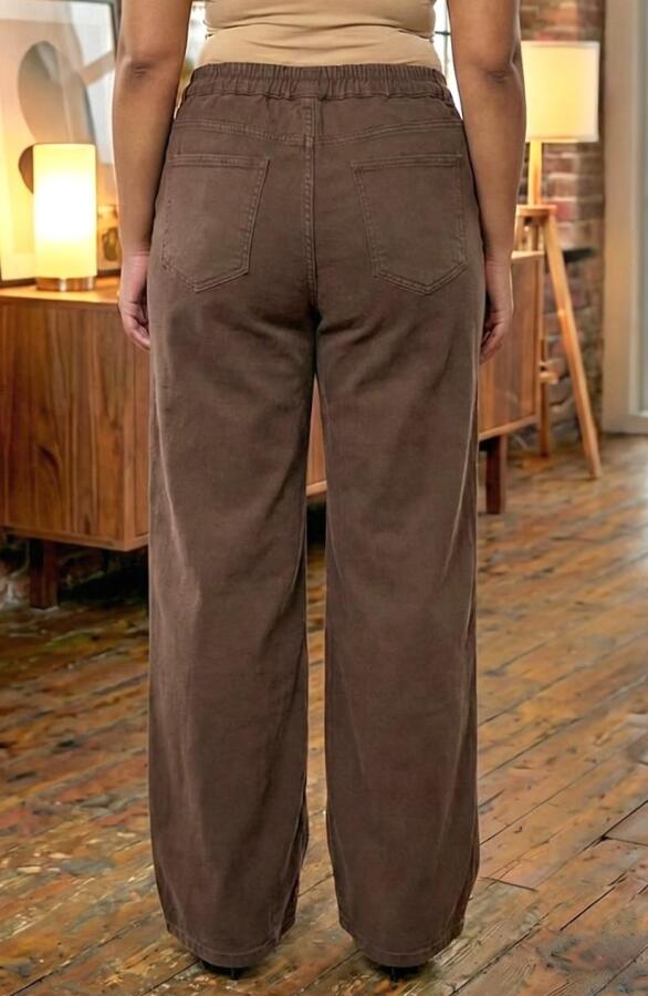 Beli Lastikli Bol Paça Büyük Beden Kot Pantolon Kahve - 5