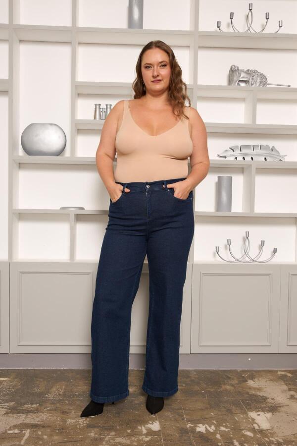 Beli Lastikli Bol Paça Büyük Beden Kot Pantolon Koyu Lacivert - 3