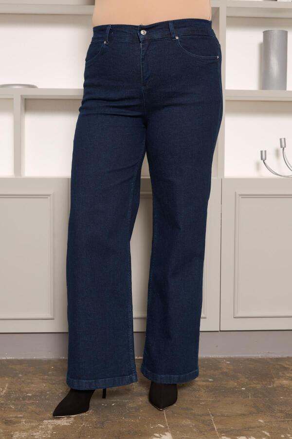 Beli Lastikli Bol Paça Büyük Beden Kot Pantolon Koyu Lacivert - 1