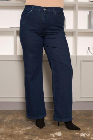 Beli Lastikli Bol Paça Büyük Beden Kot Pantolon Koyu Lacivert - 4