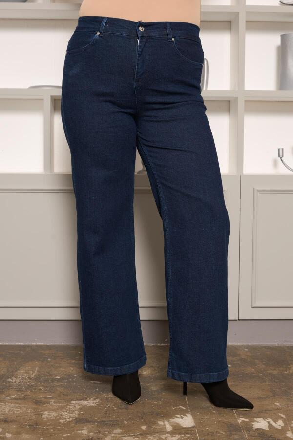 Beli Lastikli Bol Paça Büyük Beden Kot Pantolon Koyu Lacivert - 4