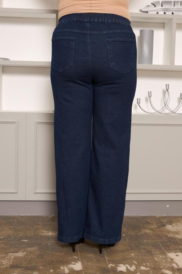 Beli Lastikli Bol Paça Büyük Beden Kot Pantolon Koyu Lacivert - 5