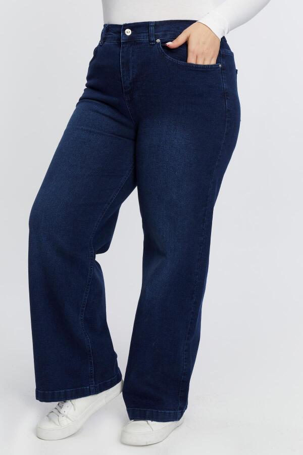 Beli Lastikli Bol Paça Büyük Beden Kot Pantolon Lacivert - 3