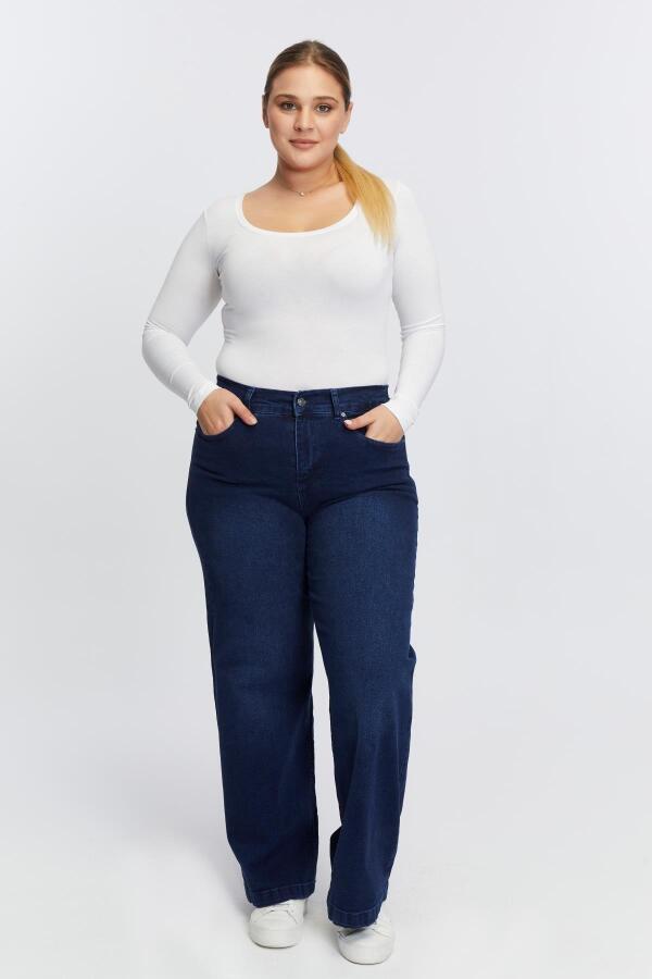 Beli Lastikli Bol Paça Büyük Beden Kot Pantolon Lacivert - 5