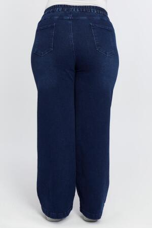 Beli Lastikli Bol Paça Büyük Beden Kot Pantolon Lacivert - 4