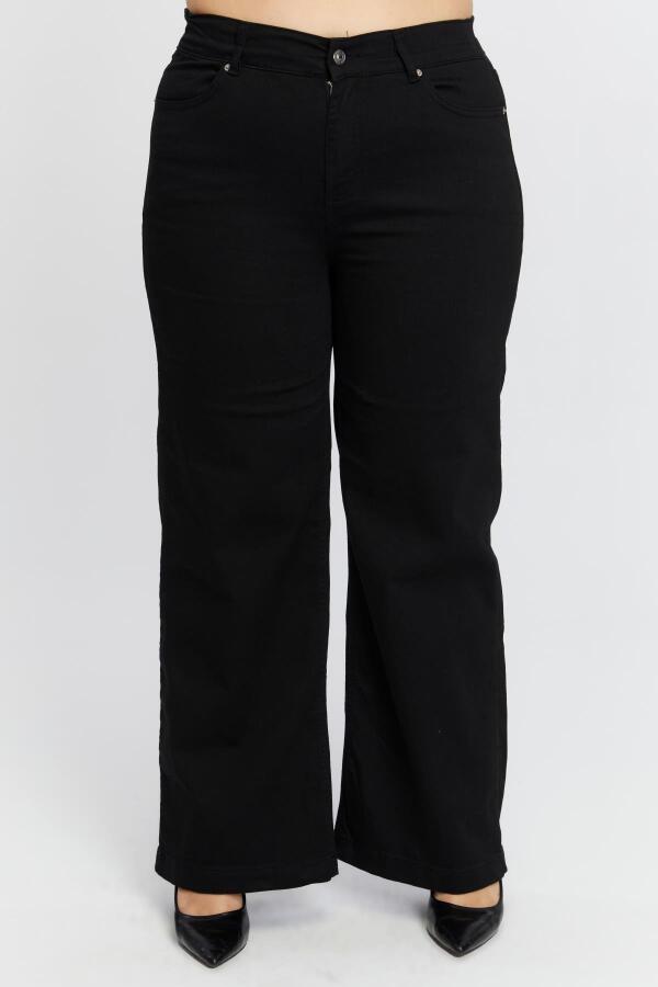 Beli Lastikli Bol Paça Büyük Beden Siyah Kot Pantolon - 1