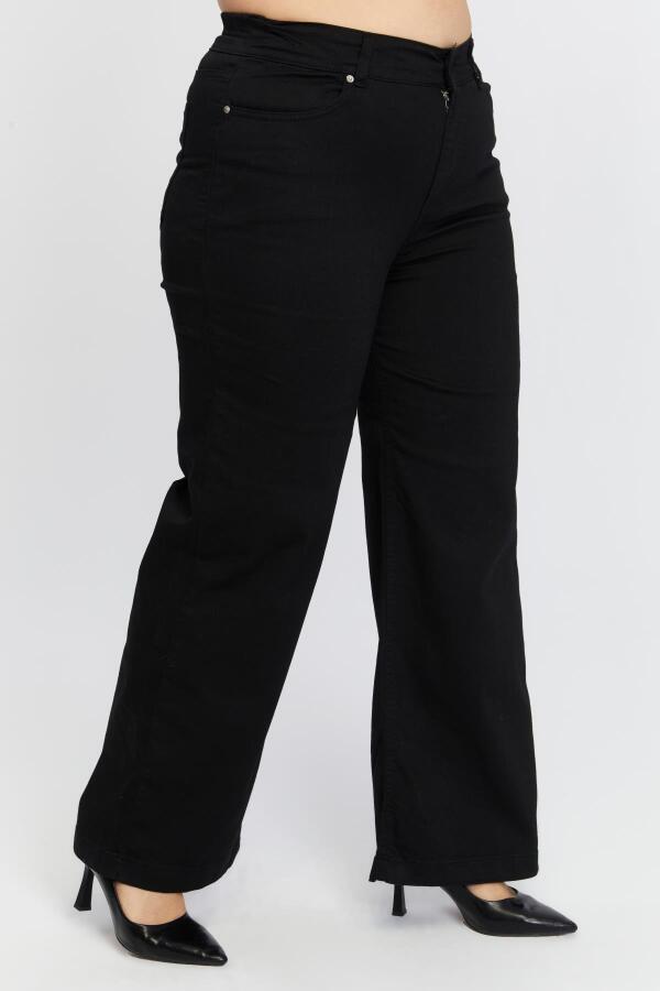 Beli Lastikli Bol Paça Büyük Beden Siyah Kot Pantolon - 2