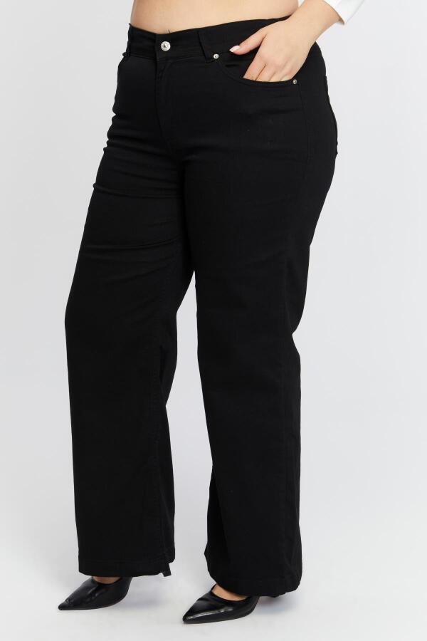 Beli Lastikli Bol Paça Büyük Beden Siyah Kot Pantolon - 4