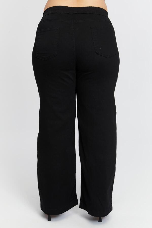 Beli Lastikli Bol Paça Büyük Beden Siyah Kot Pantolon - 5