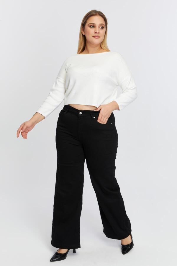 Beli Lastikli Bol Paça Büyük Beden Siyah Kot Pantolon - 6