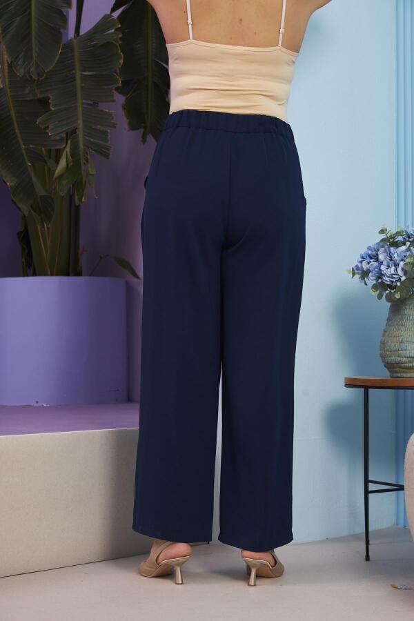 Beli Lastikli Büyük Beden Aerobin Lacivert Geniş Paça Pantolon - 4