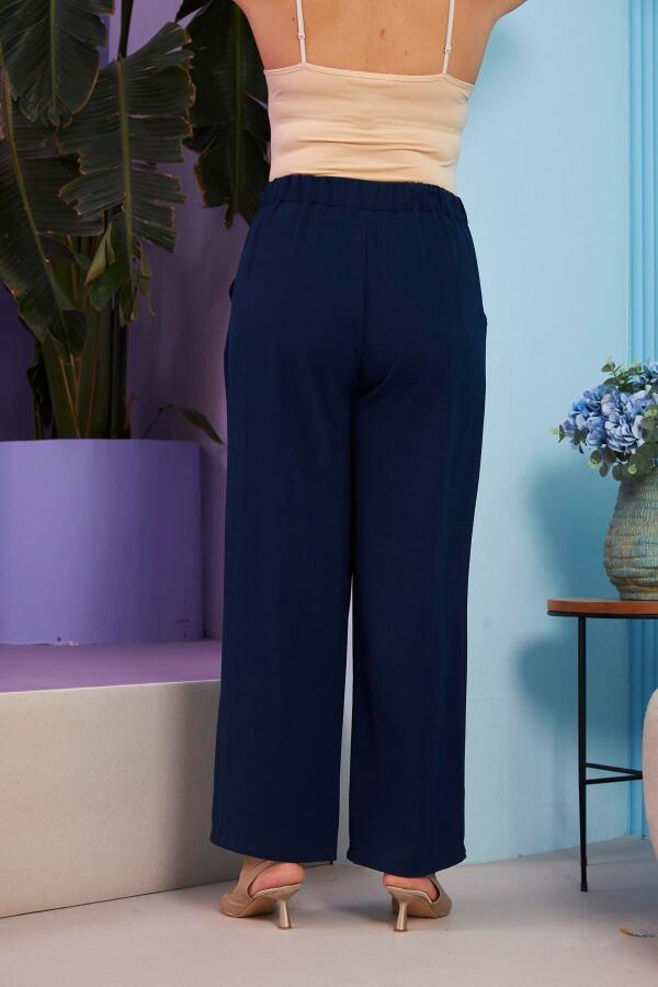 Beli Lastikli Büyük Beden Aerobin Lacivert Geniş Paça Pantolon - 4