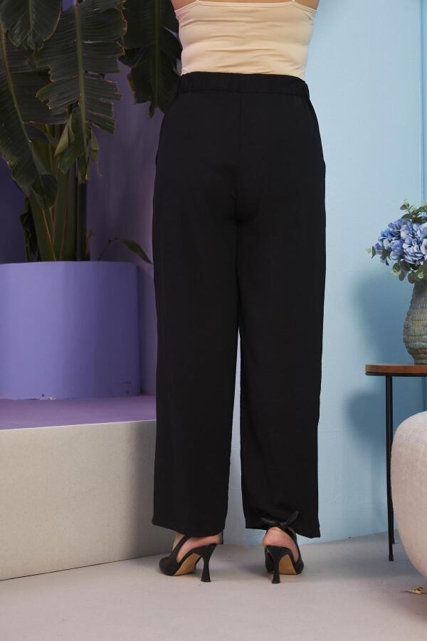 Beli Lastikli Büyük Beden Aerobin Siyah Geniş Paça Pantolon - 4