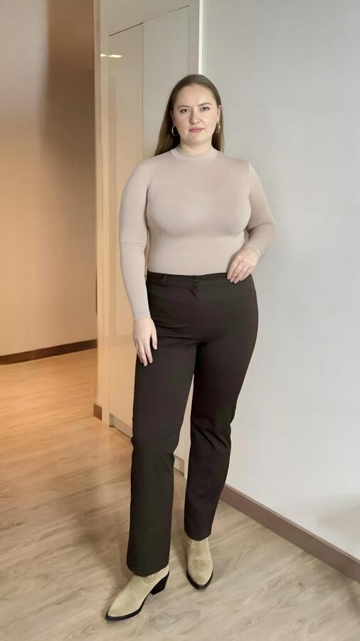 Beli Lastikli Büyük Beden Gabardin Geniş Paça Pantolon Kahve - 3