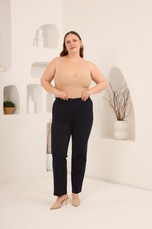 Beli Lastikli Büyük Beden Gabardin Geniş Paça Pantolon Lacivert - 5