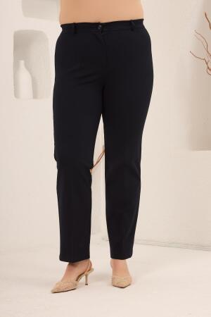 Beli Lastikli Büyük Beden Gabardin Geniş Paça Pantolon Lacivert - 1