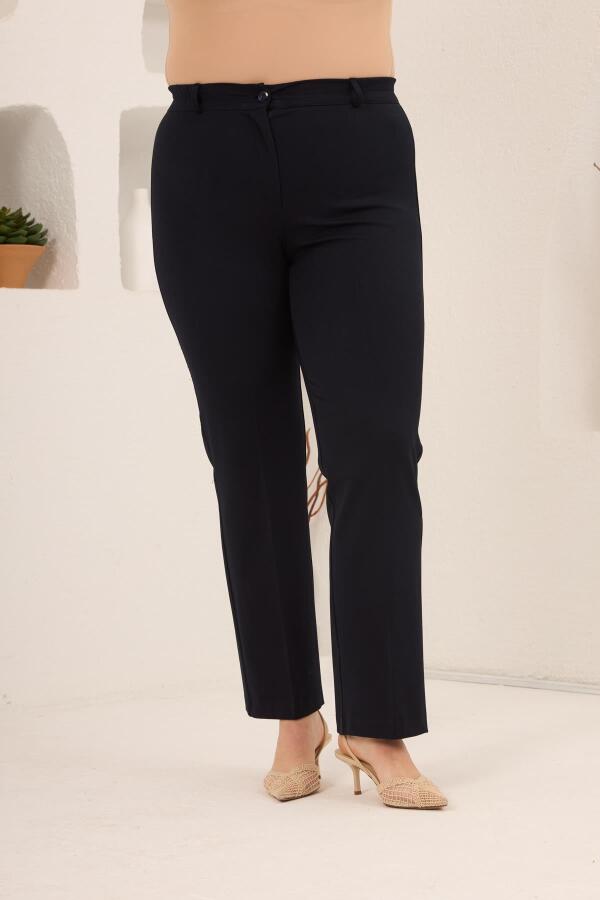 Beli Lastikli Büyük Beden Gabardin Geniş Paça Pantolon Lacivert - 3