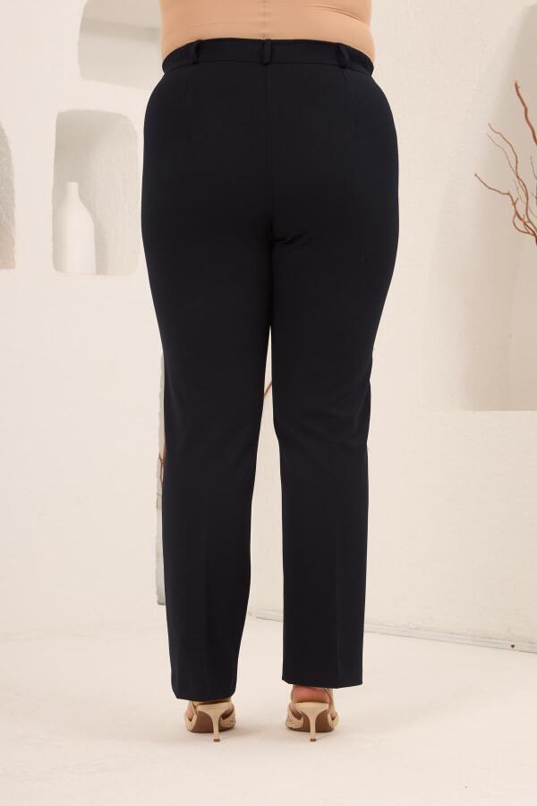 Beli Lastikli Büyük Beden Gabardin Geniş Paça Pantolon Lacivert - 4