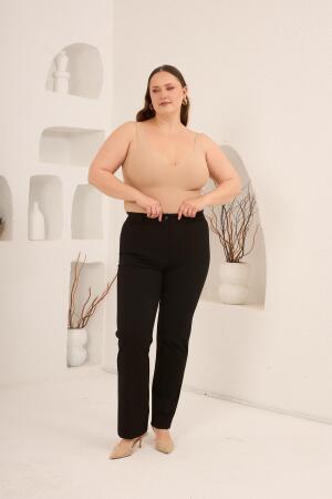 Beli Lastikli Büyük Beden Gabardin Geniş Paça Pantolon Siyah - 5