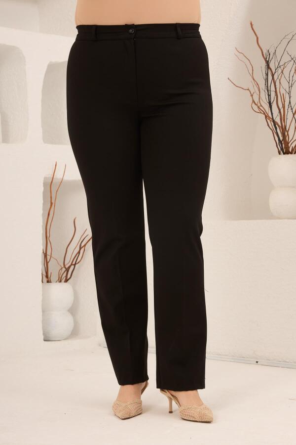 Beli Lastikli Büyük Beden Gabardin Geniş Paça Pantolon Siyah - 3