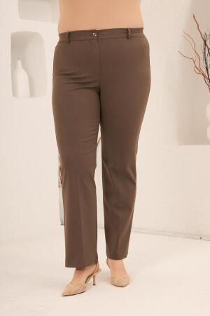 Beli Lastikli Büyük Beden Gabardin Geniş Paça Pantolon Vizon - 3