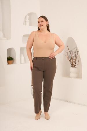 Beli Lastikli Büyük Beden Gabardin Geniş Paça Pantolon Vizon - 5
