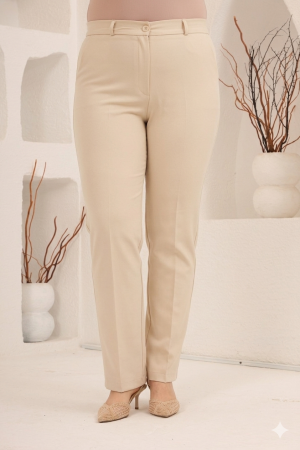 Beli Lastikli Büyük Beden Geniş Paça Pantolon Krem - RMG