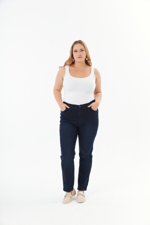 Beli Lastikli Büyük Beden Koyu Lacivert Kot Pantolon - 3