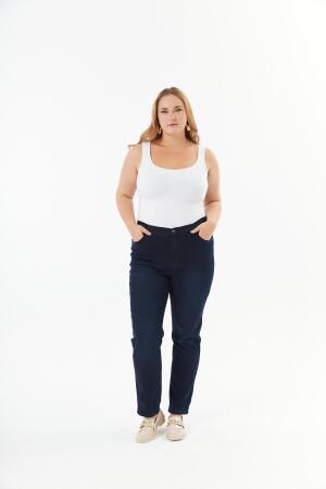 Beli Lastikli Büyük Beden Koyu Lacivert Kot Pantolon - 3