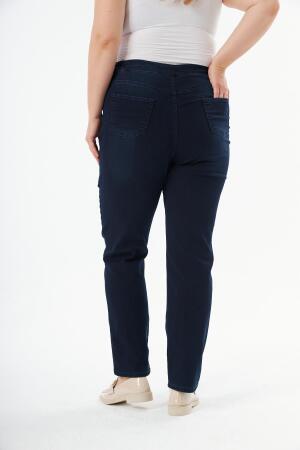 Beli Lastikli Büyük Beden Koyu Lacivert Kot Pantolon - 5