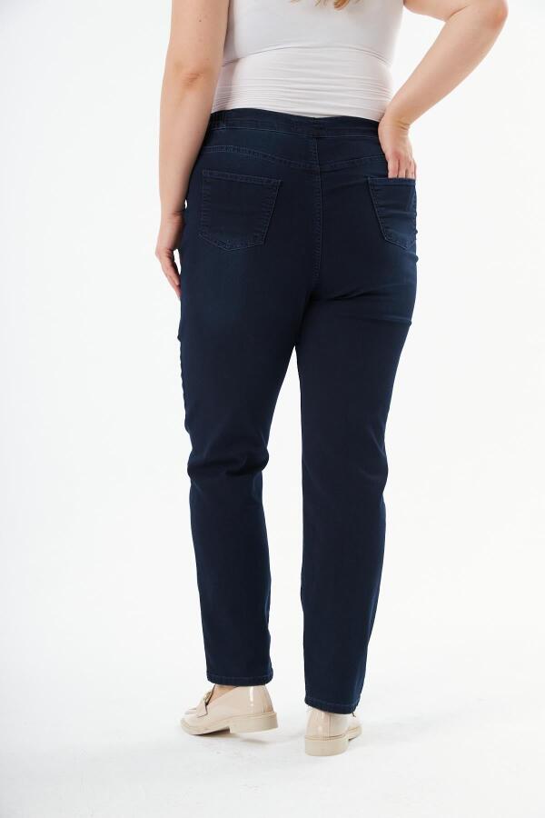 Beli Lastikli Büyük Beden Koyu Lacivert Kot Pantolon - 5