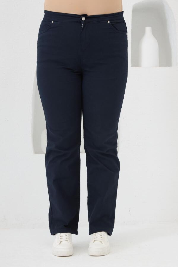 Beli Lastikli Büyük Beden Lacivert Pamuk Pantolon - 1