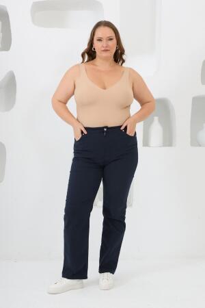 Beli Lastikli Büyük Beden Lacivert Pamuk Pantolon - 3