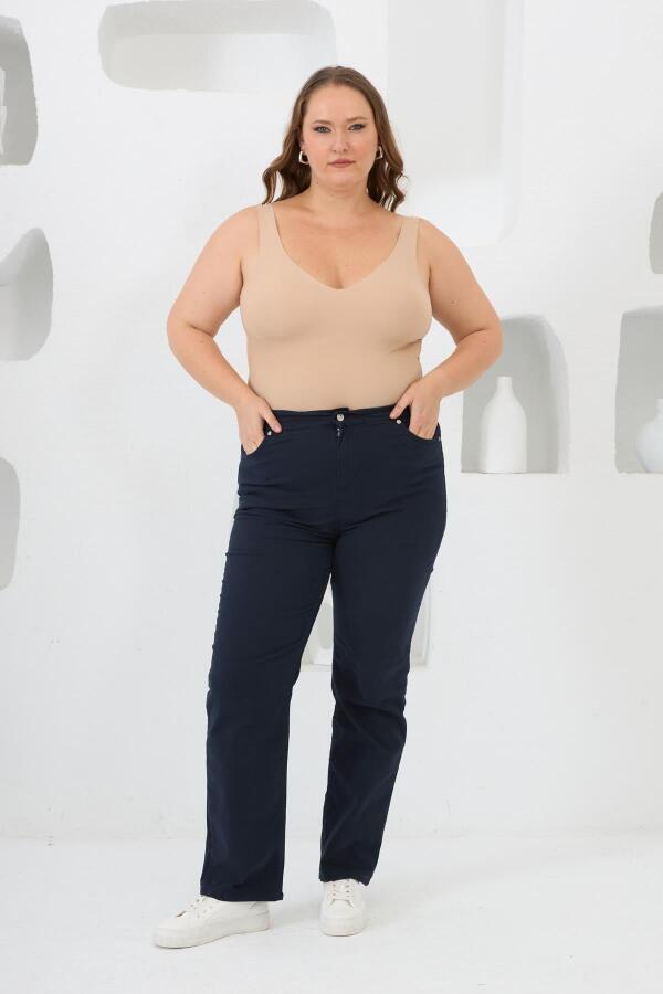 Beli Lastikli Büyük Beden Lacivert Pamuk Pantolon - 3