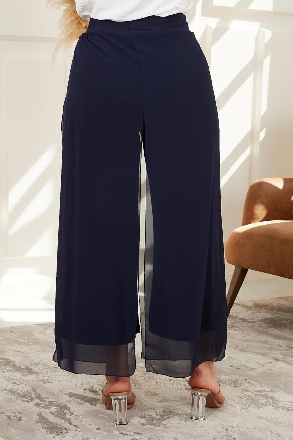 Beli Lastikli Büyük Beden Lacivert Şifon Pantolon - 6