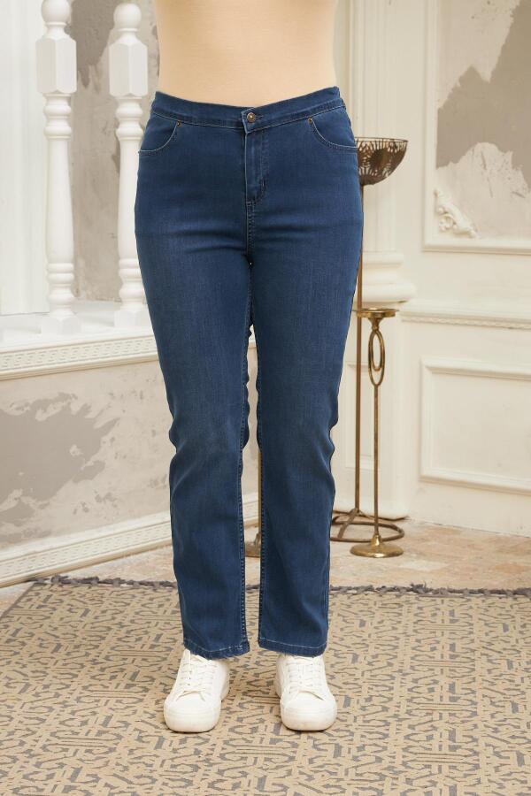 Beli Lastikli Büyük Beden Mavi Kot Pantolon - 1