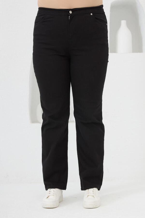 Beli Lastikli Büyük Beden Siyah Pamuk Pantolon - 1