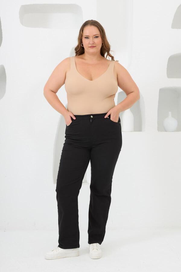 Beli Lastikli Büyük Beden Siyah Pamuk Pantolon - 3