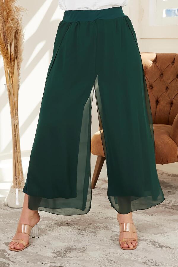 Beli Lastikli Büyük Beden Zümrüt Şifon Pantolon - 1
