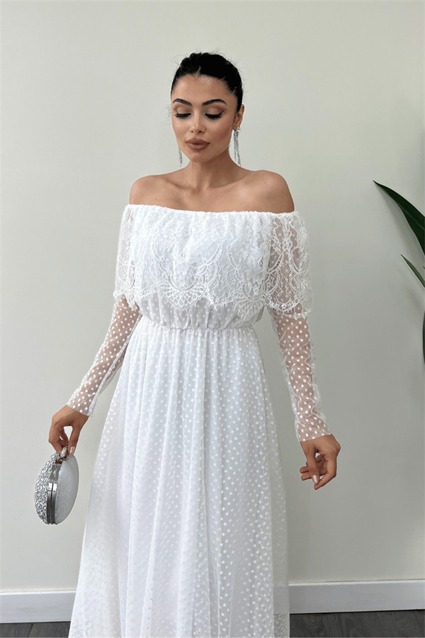Beli Lastikli Dantelli Elbise - Beyaz - 3