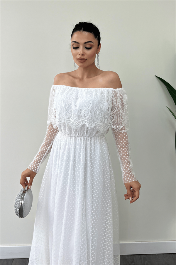 Beli Lastikli Dantelli Elbise - Beyaz - 3