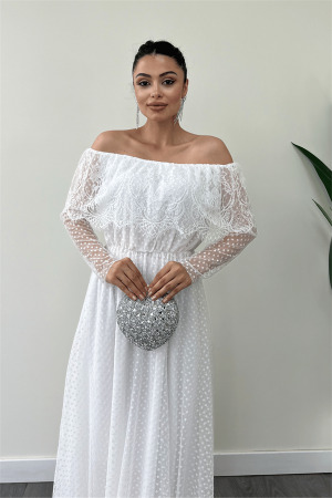 Beli Lastikli Dantelli Elbise - Beyaz - 4