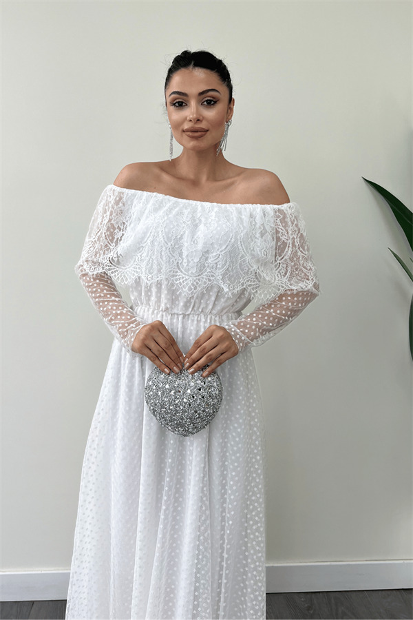 Beli Lastikli Dantelli Elbise - Beyaz - 4
