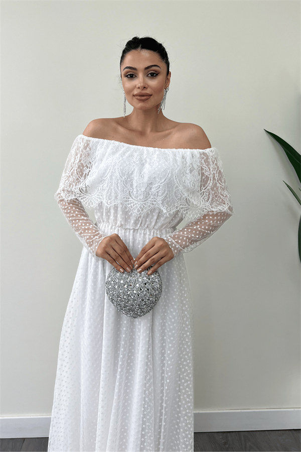 Beli Lastikli Dantelli Elbise - Beyaz - 4
