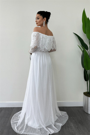 Beli Lastikli Dantelli Elbise - Beyaz - 5