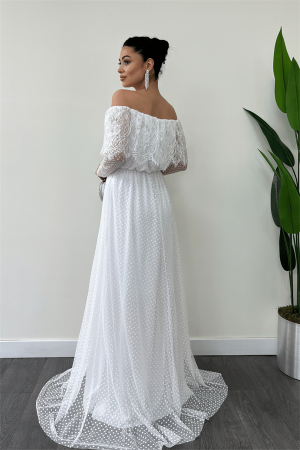 Beli Lastikli Dantelli Elbise - Beyaz - 5