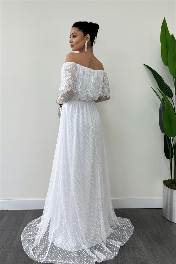 Beli Lastikli Dantelli Elbise - Beyaz - 5